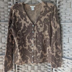 Vtg Y2K Tweeds Brown Paisley Beaded Lambswool Angora Cardigan Sweater Womens L